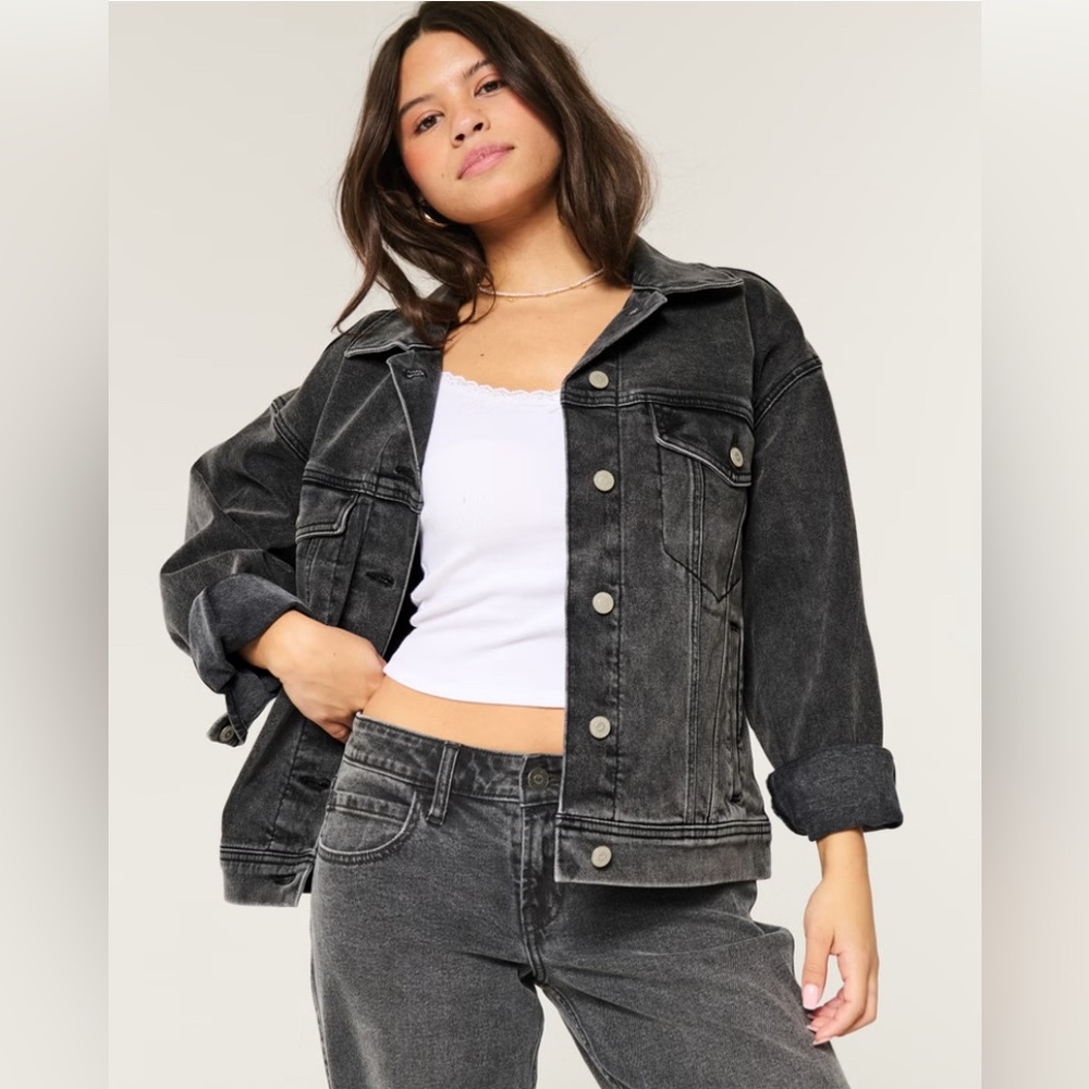 Hollister Denim Button Front Vintage Jeans Jacket, Black, Size Large